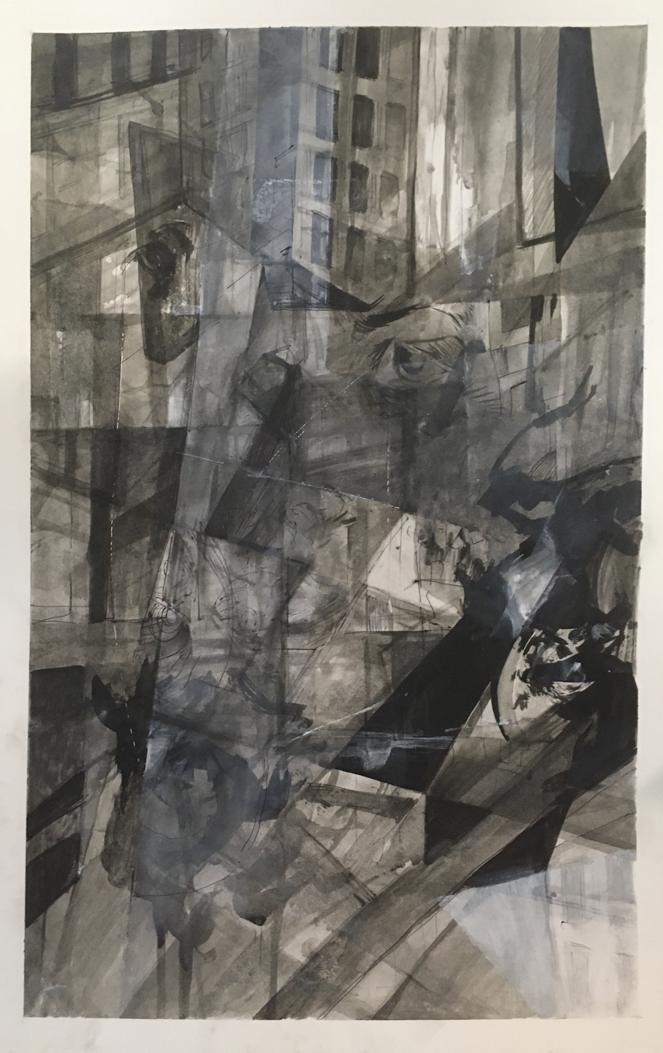A black and white semi-abstract ink drawing containing a city and a face.