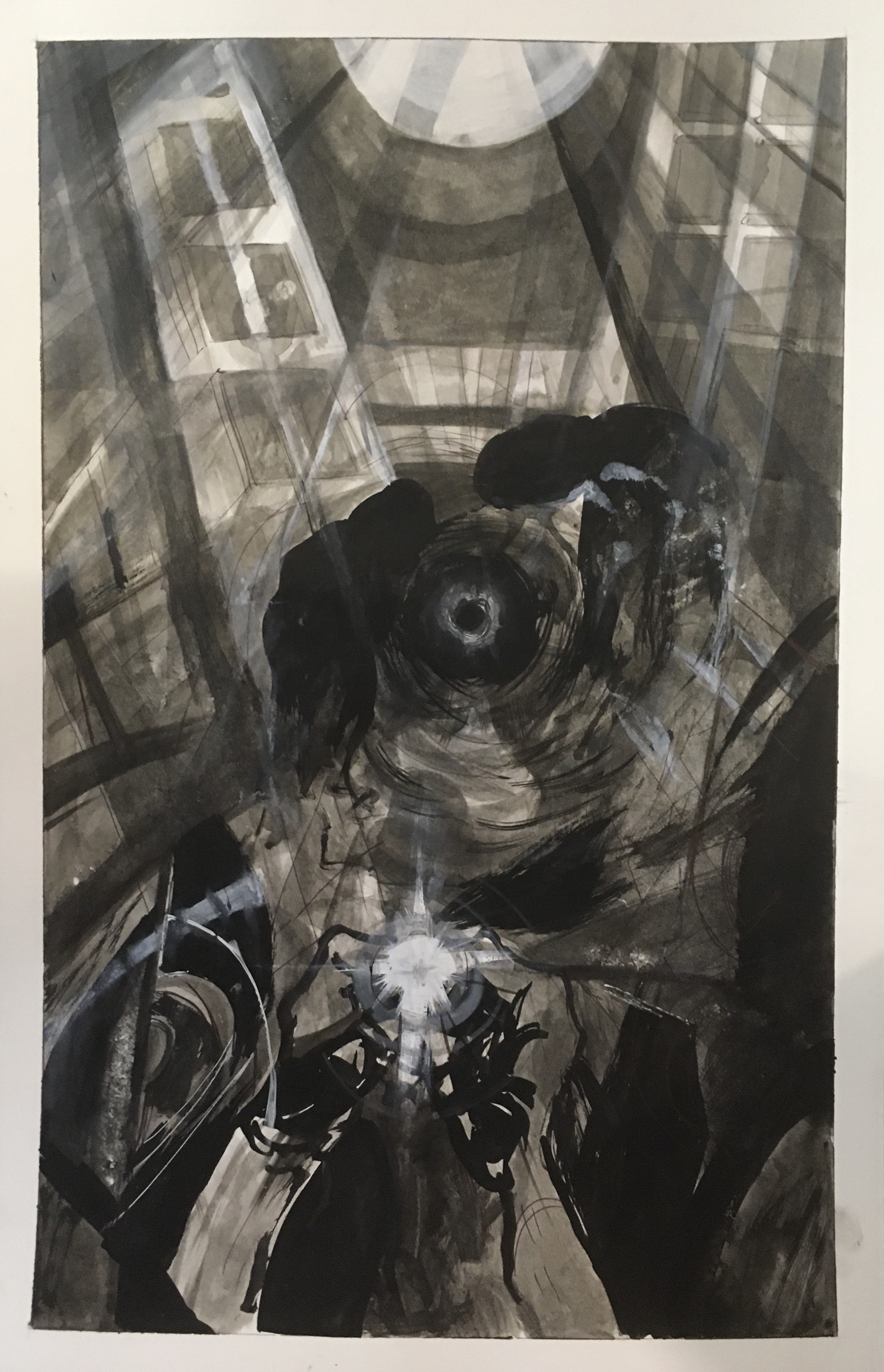 A black and white semi-abstract ink drawing containing a sun, a city, a point of light, and a swirling dark mass.